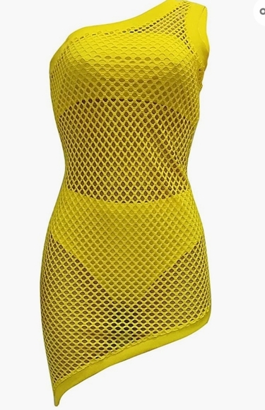 Allasfun Sexy Fishnet Mesh One Shoulder Midi Dress in Yellow  Size L - Picture 2 of 8